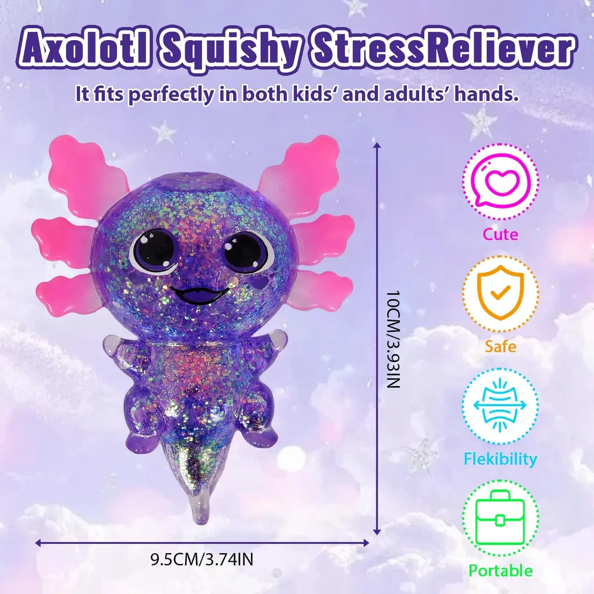 Puffwize Axolotl Squishy Toy Purple Big Ears 9.5cm (3.74") | Slow Rising Fidget Toy for Stress Relief - view 4