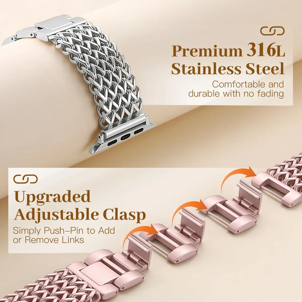 SNBLK Metal Band Compatible with Rose Gold Apple Watch Bands for Women 40mm 41mm 42mm 38mm 44mm 45mm 46mm | Dressy Link Bracelet - view 4