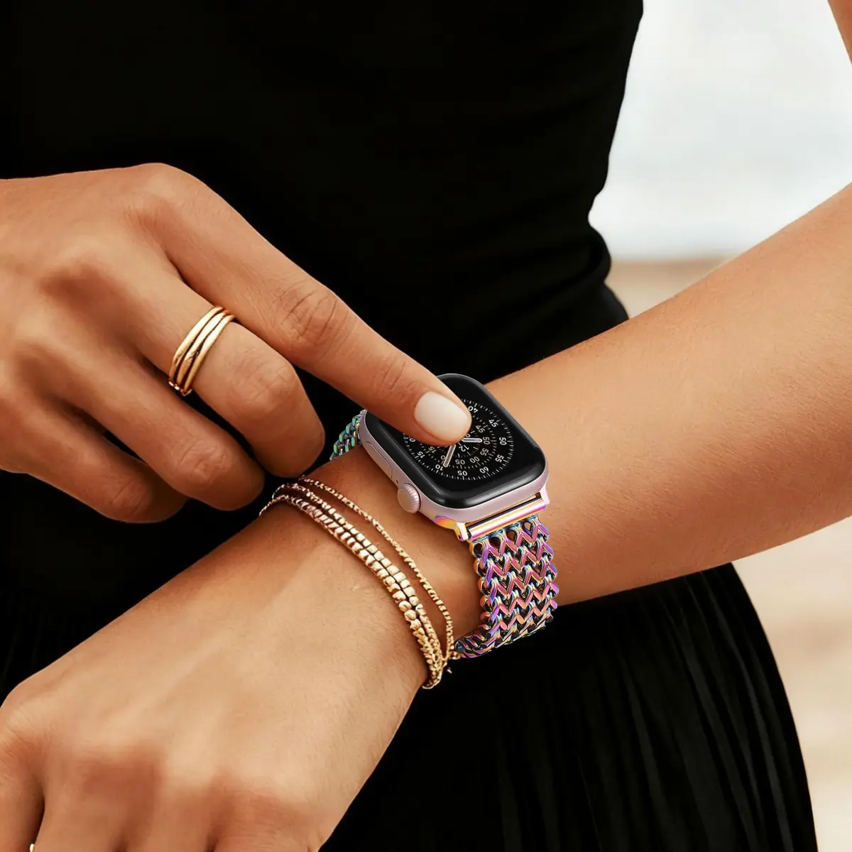 SNBLK Metal Watch Band Compatible with Apple Watch Series 1-11 & Ultra | Dressy Stainless Steel Link Bracelet for Women & Men - view 8