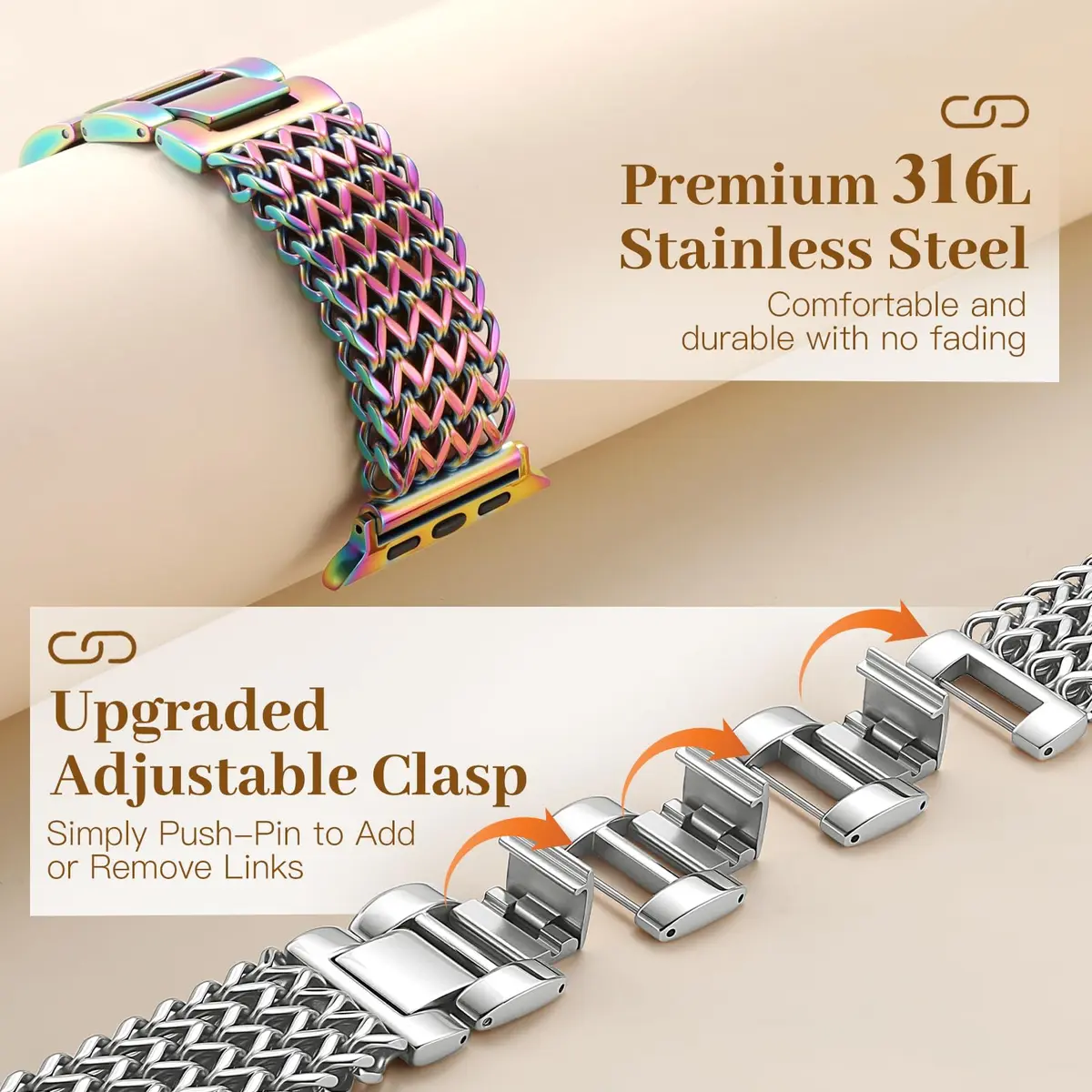 SNBLK Metal Watch Band Compatible with Apple Watch Series 1-11 & Ultra | Dressy Stainless Steel Link Bracelet for Women & Men - view 4