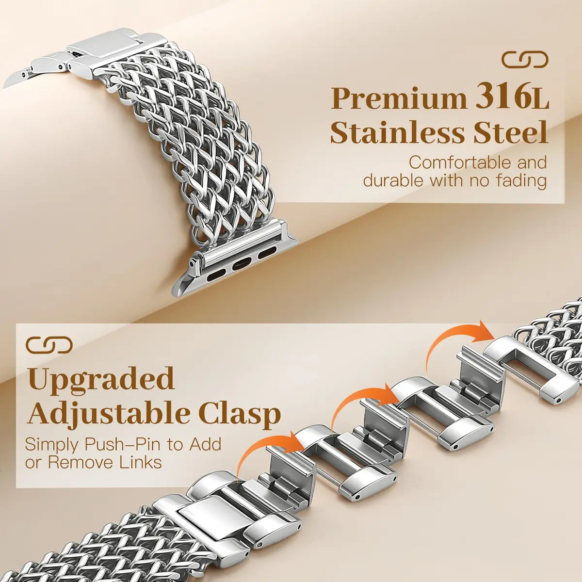 SNBLK Metal Band Compatible with Apple Watch Series 11/10/9/8/7/6/5/4/3/2 40mm-49mm | Dressy Stainless Steel Link Bracelet - view 4