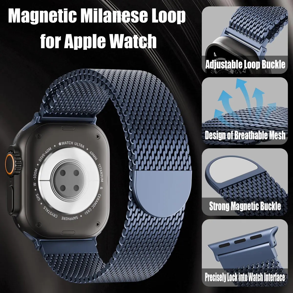 Steezrd Magnetic Milanese Loop Band Compatible with Apple Watch 38mm-49mm | Blue Stainless Steel Metal Strap for Series 1-11, Ultra 1-3 - view 2