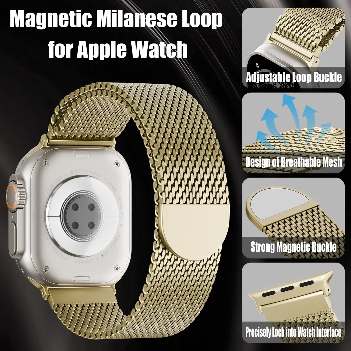 Steezrd Magnetic Mesh Milanese Loop Compatible with Apple Watch 49mm 46mm 45mm 44mm 42mm 41mm 40mm 38mm | Stainless Steel Strap - view 2