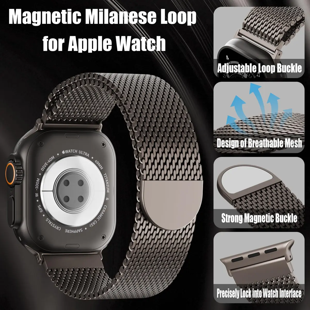 Steezrd Magnetic Milanese Loop Band Compatible with Apple Watch 49mm 46mm 45mm 44mm 42mm 41mm 40mm 38mm | Stainless Steel Metal Strap for iWatch Ultra 3/2/1 Series 11 10 9 8 7 6 5 4 SE - view 2