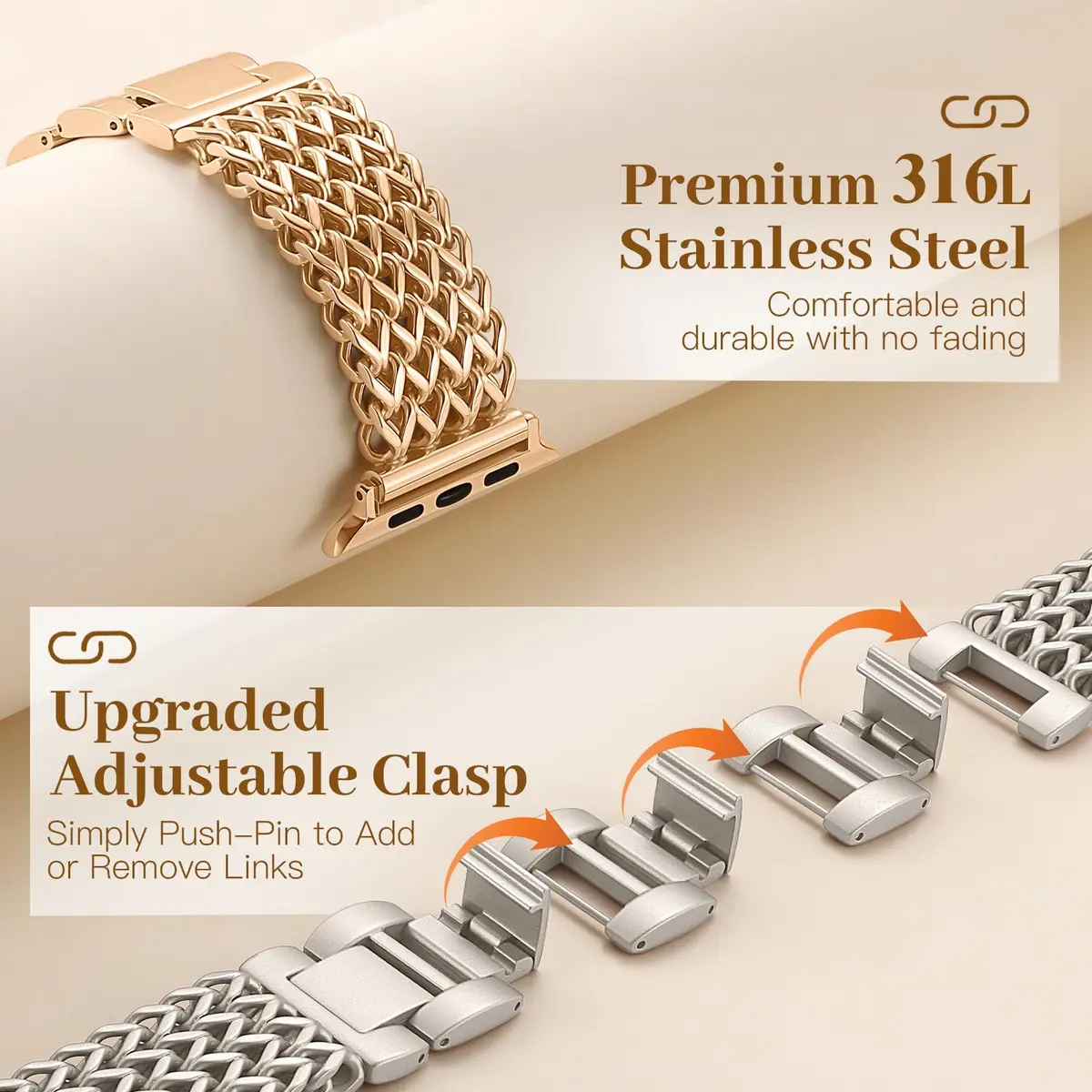 SNBLK Metal Band Compatible with Apple Watch Series 1-11 & SE 40mm-46mm | Dressy Stainless Steel Link Bracelet for Women - view 4
