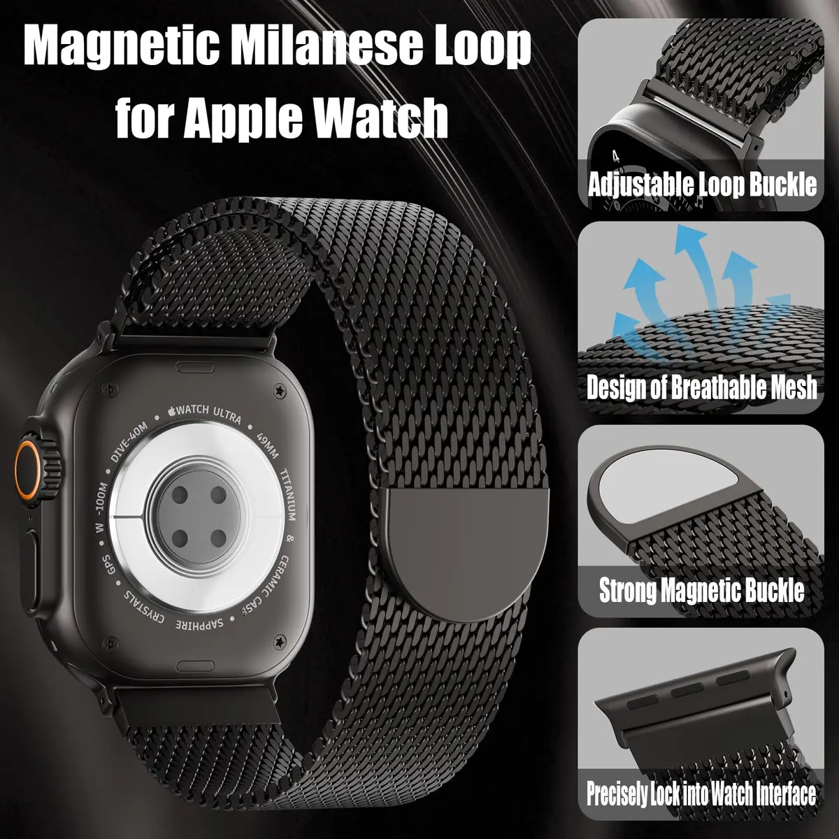 Steezrd Magnetic Milanese Loop Watch Band for Apple Watch 38mm-49mm | Breathable Stainless Steel Strap - view 2