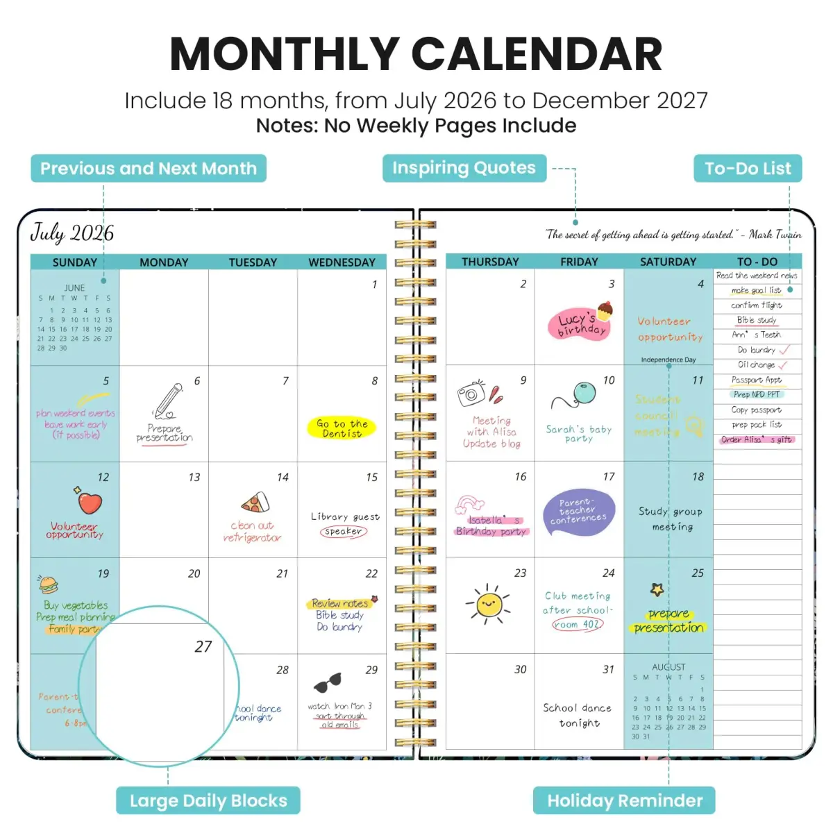 Taja Monthly Planner 2026-2027, 18-Month Aesthetic Calendar, Jul 2026-Dec 2027 | 10 x 7 Inch Spiral Bound Organizer - view 2
