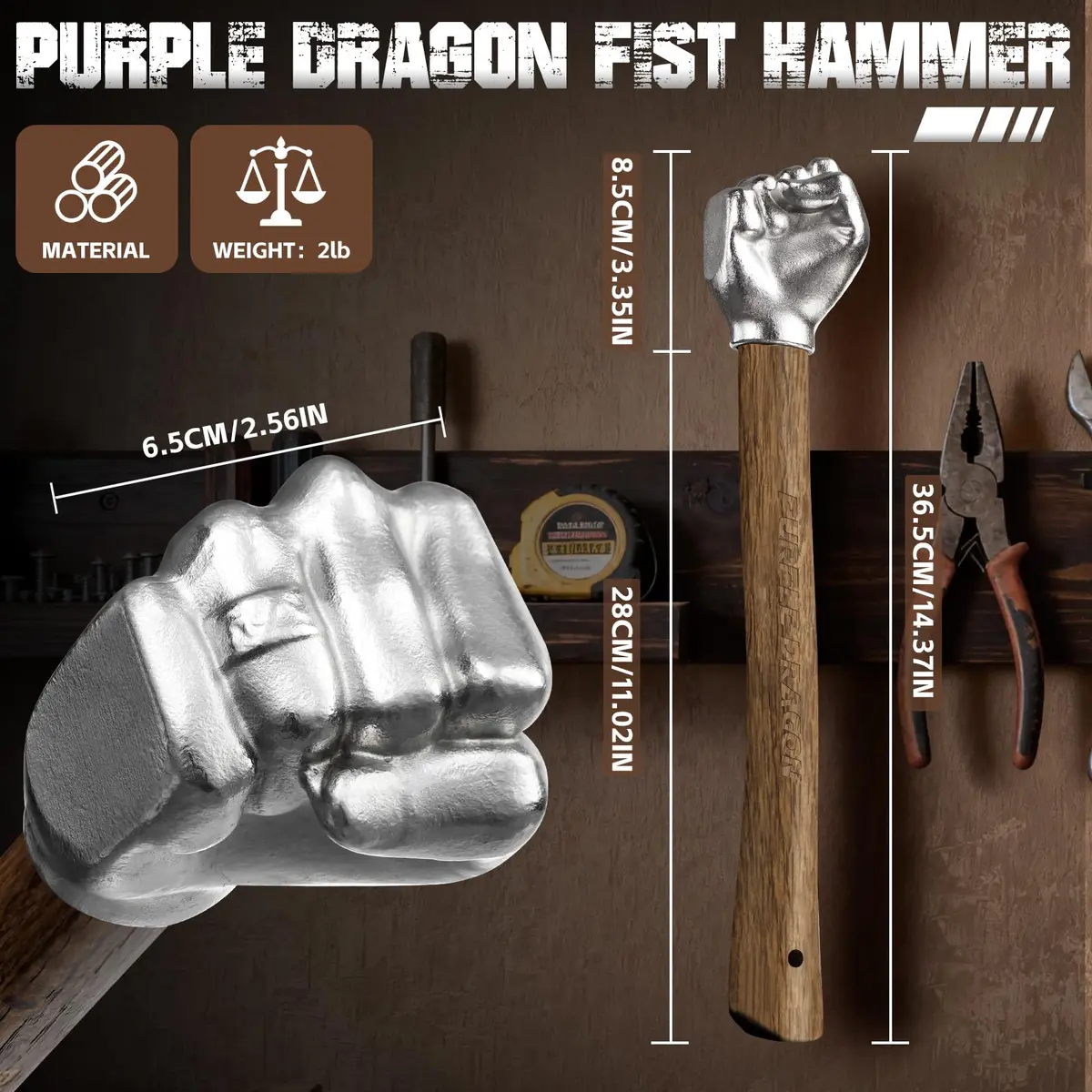 Purple Dragon 2Lb Fist Hammer Tool with Wooden Handle | Multi-Purpose Hand Tool for DIY & Camping - view 6