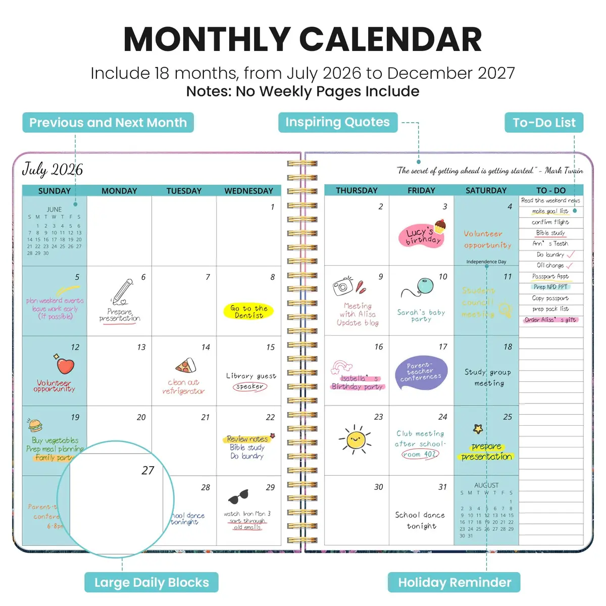 Taja Monthly Planner 2026-2027, 18-Month Aesthetic Calendar, Jul 2026-Dec 2027, 25cm x 18cm (10" x 7") | Planner for Students, Professionals, and Homemakers - view 2