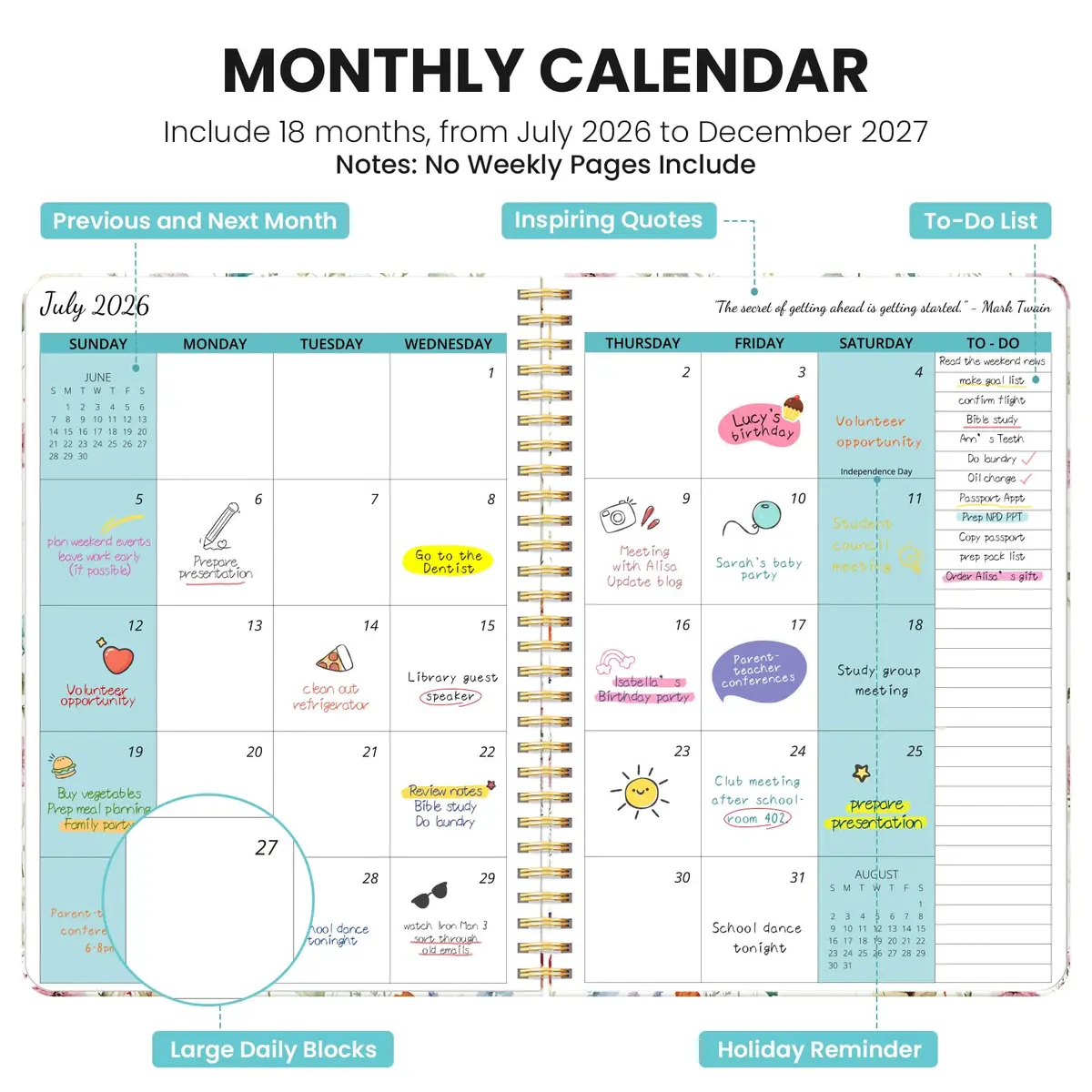 Taja Monthly Planner 2026-2027, 18-Month Calendar 25.4cm (10") | Aesthetic Design with Goals & Notes - view 2