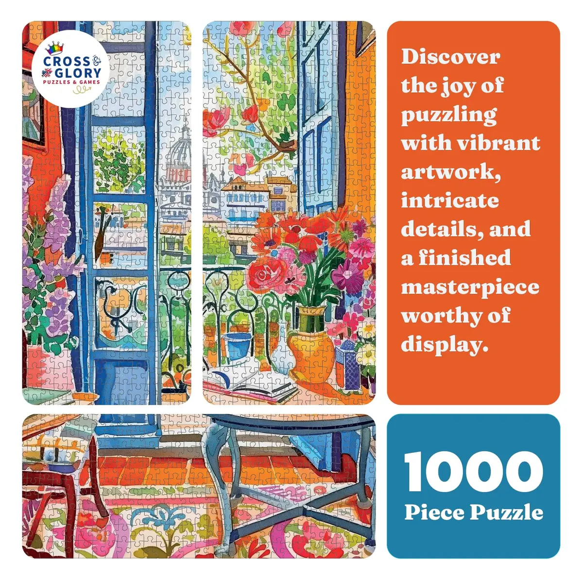 Cross & Glory 1000 Piece Jigsaw Puzzle Room with a Bloom | Vibrant City & Floral Scene for Adults - view 6