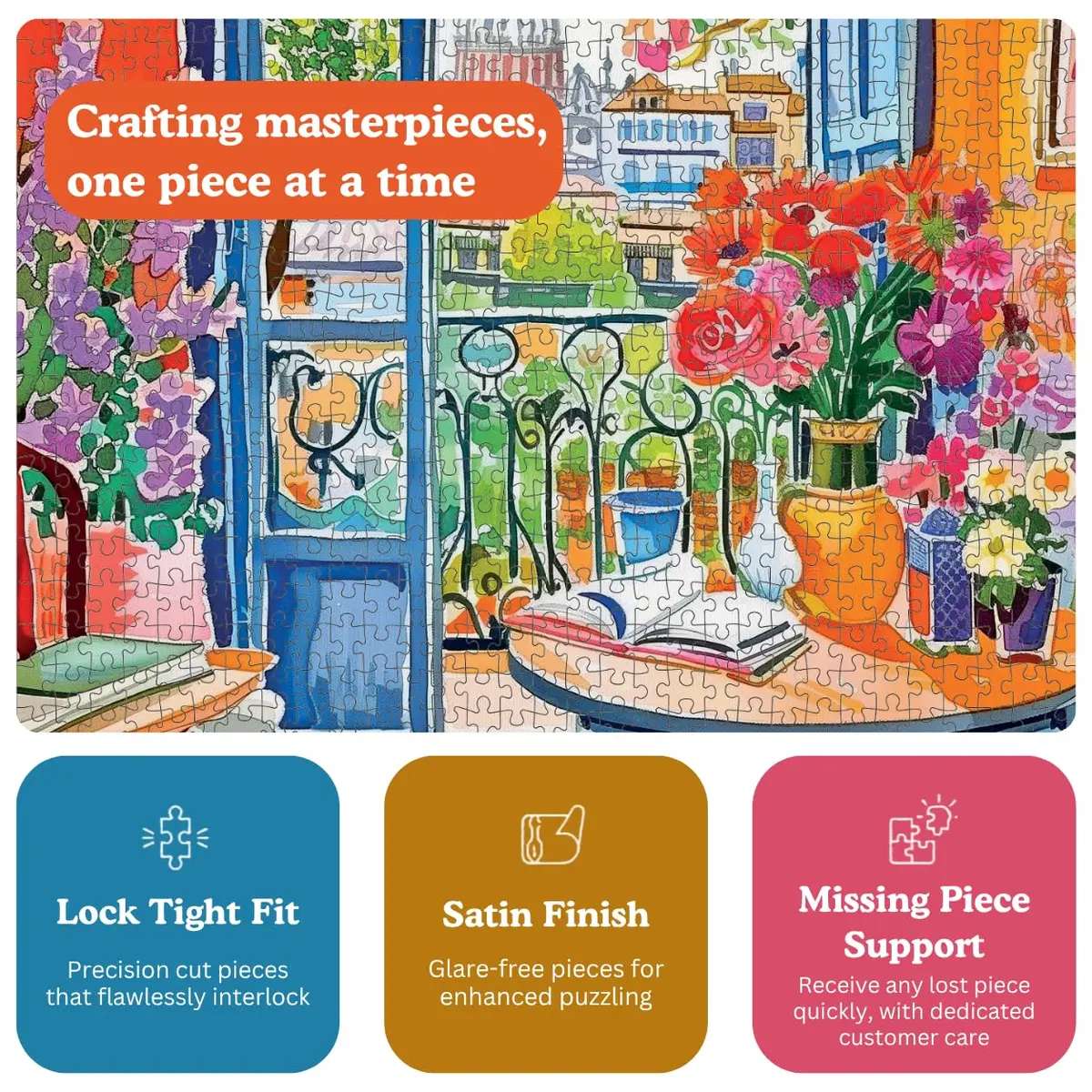 Cross & Glory 1000 Piece Jigsaw Puzzle Room with a Bloom | Vibrant City & Floral Scene for Adults - view 4