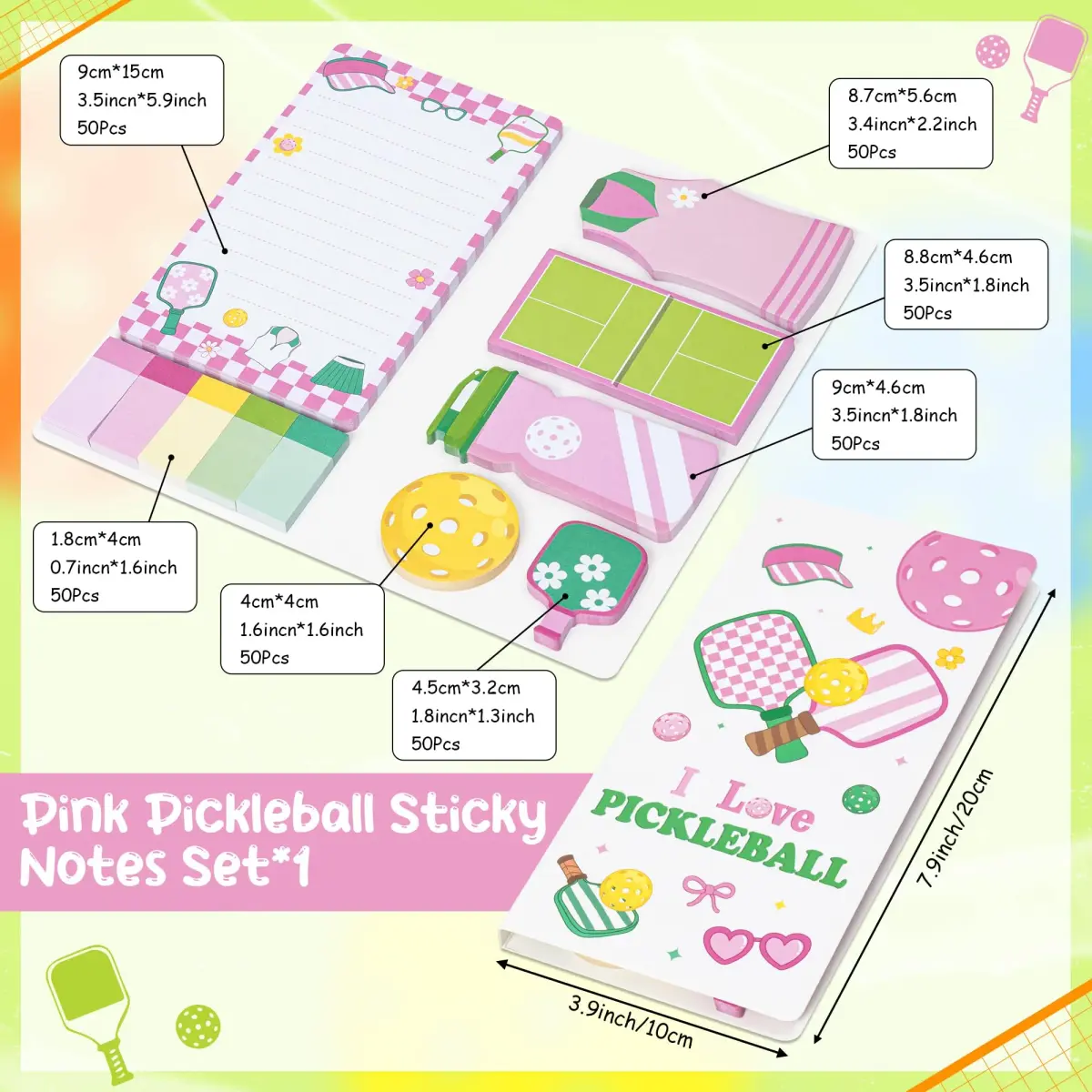 Xqumoi Pink Pickleball Sticky Notes Set (550 Sheets) | Cute Sports Memo Pads for Students & Office - main product image