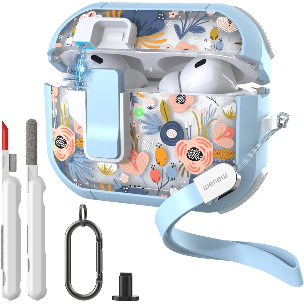 wenew AirPods Pro 3 Case (2025) Cover Stylish Flower Hard Shell Blue | Full Body, Wireless Support - main product image