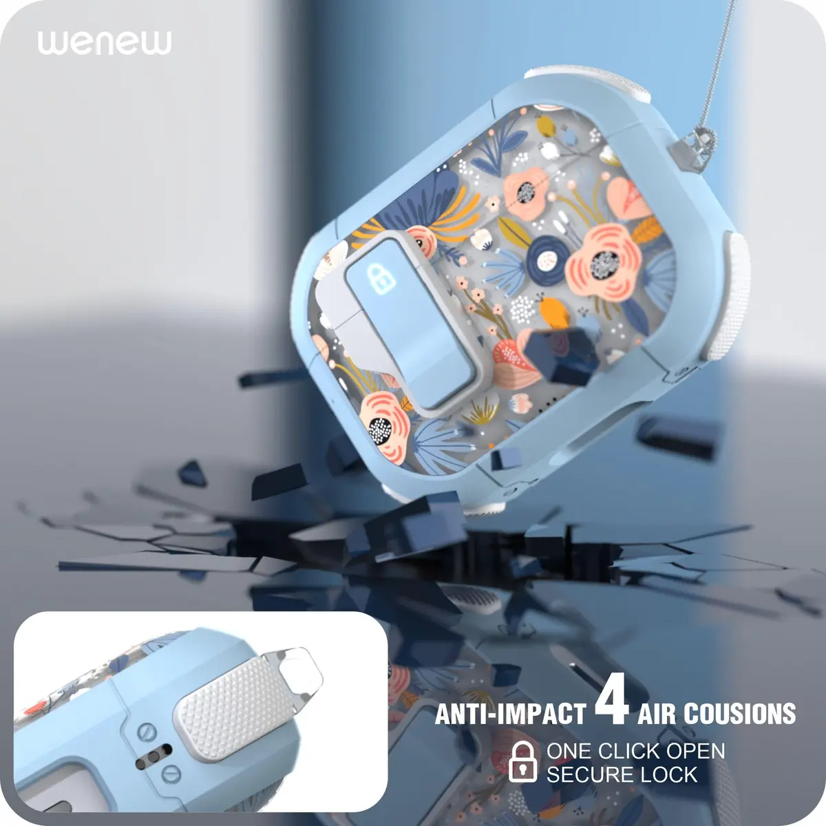 wenew AirPods Pro 3 Case (2025) Cover Stylish Flower Hard Shell Blue | Full Body, Wireless Support - view 5