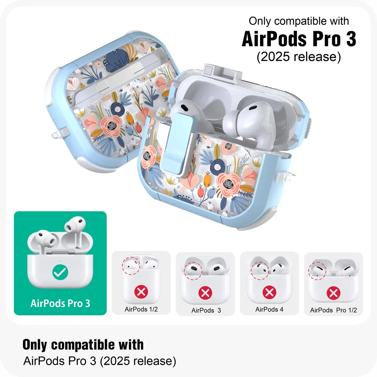 wenew AirPods Pro 3 Case (2025) Cover Stylish Flower Hard Shell Blue | Full Body, Wireless Support - view 2
