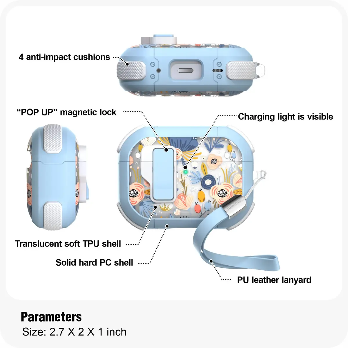 wenew AirPods Pro 3 Case (2025) Cover Stylish Flower Hard Shell Blue | Full Body, Wireless Support - view 3