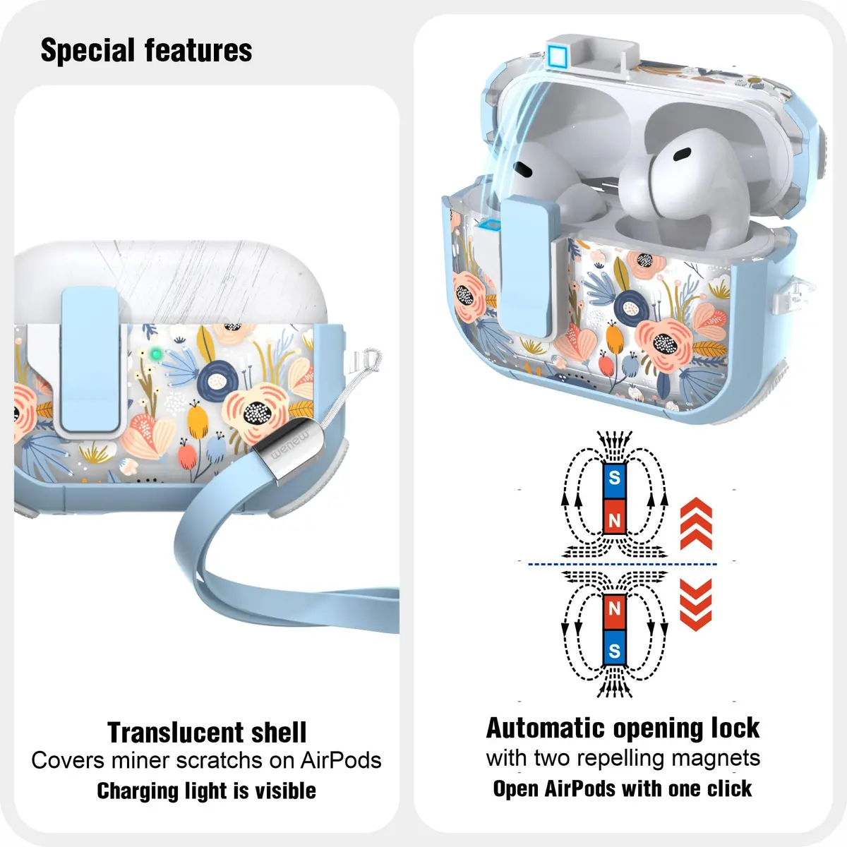 wenew AirPods Pro 3 Case (2025) Cover Stylish Flower Hard Shell Blue | Full Body, Wireless Support - view 4