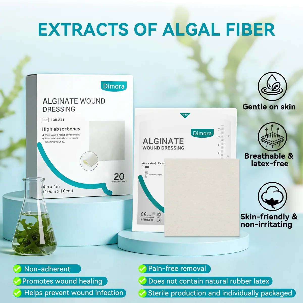Dimora Calcium Alginate Wound Dressing 4'' x 4'' | Heavy Absorbent, Non-Stick, Sterile Gauze for Moderate to Heavy Exudate Wounds - view 5