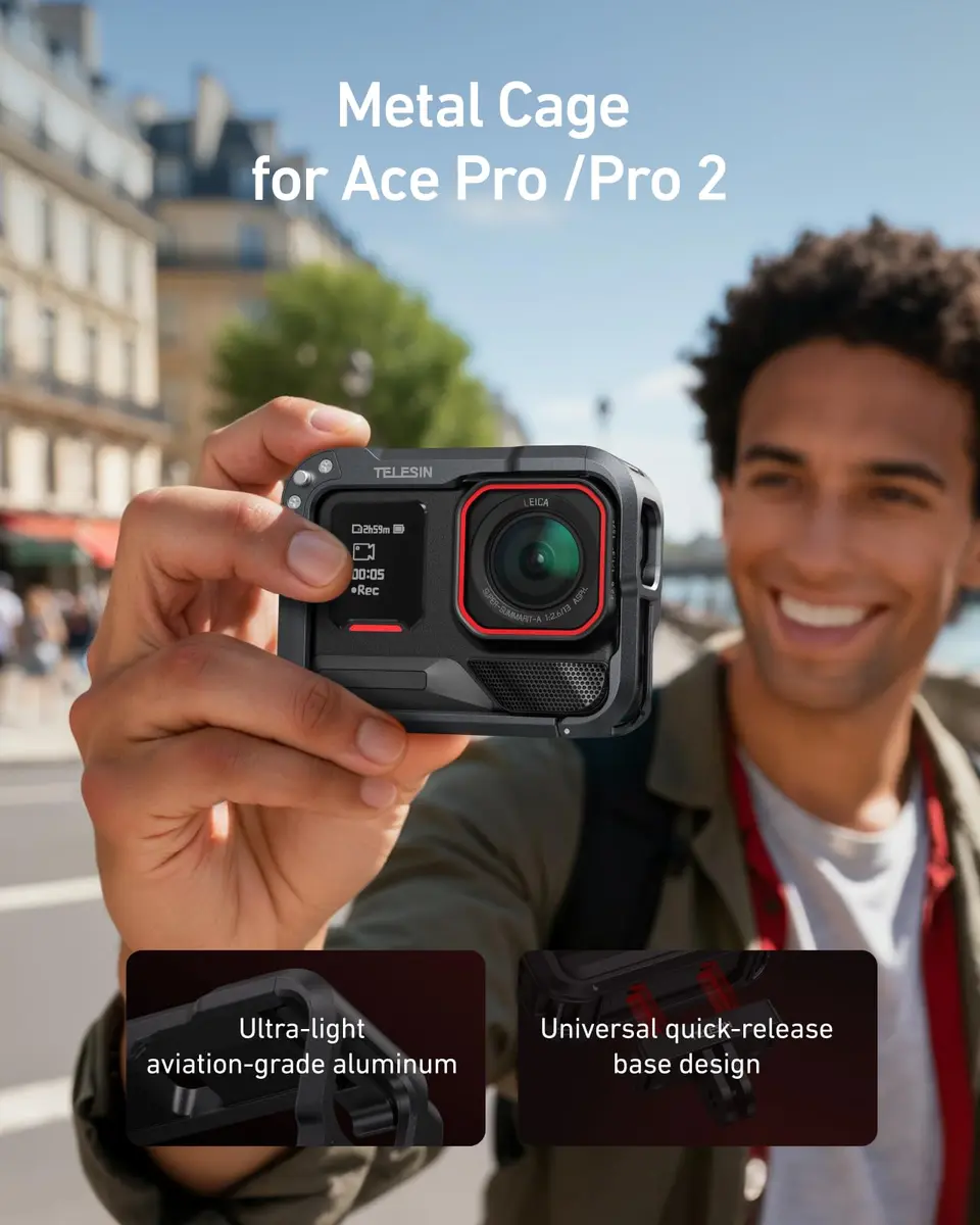TELESIN Aluminum Alloy Protective Frame Case for Insta 360 Ace Pro 2 | Quick-Release Metal Cage with 1/4" Screw & Cold Shoe - view 2