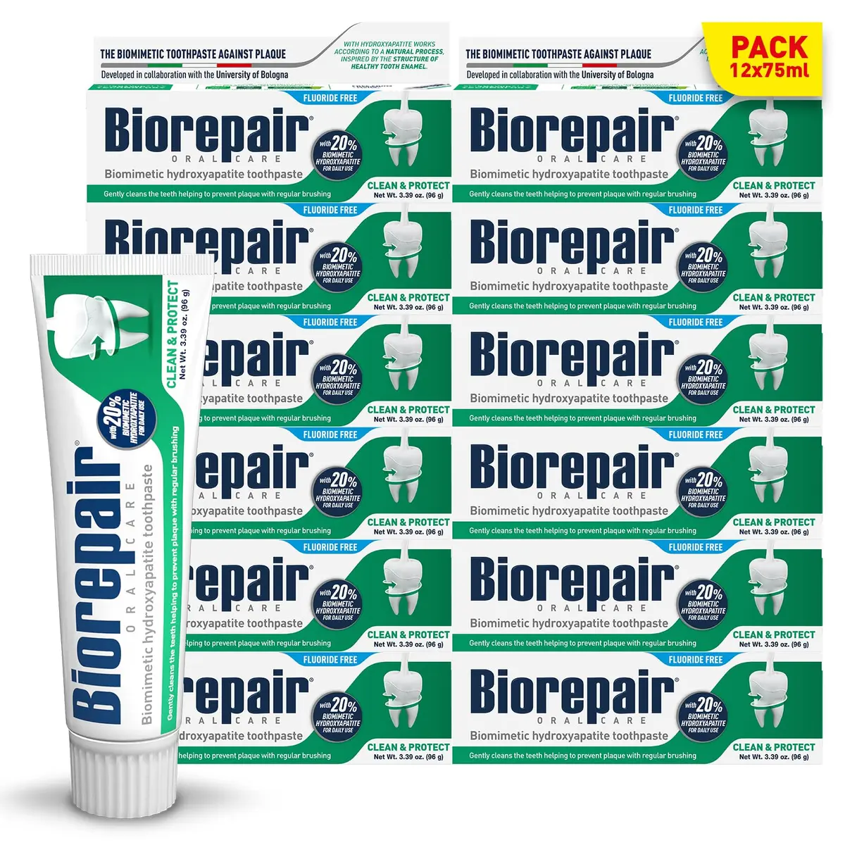 Biorepair Clean & Protect Hydroxyapatite Toothpaste 40.7g (1.2 Fl Oz) x 12 | Daily Enamel Care, Fluoride-Free - main product image