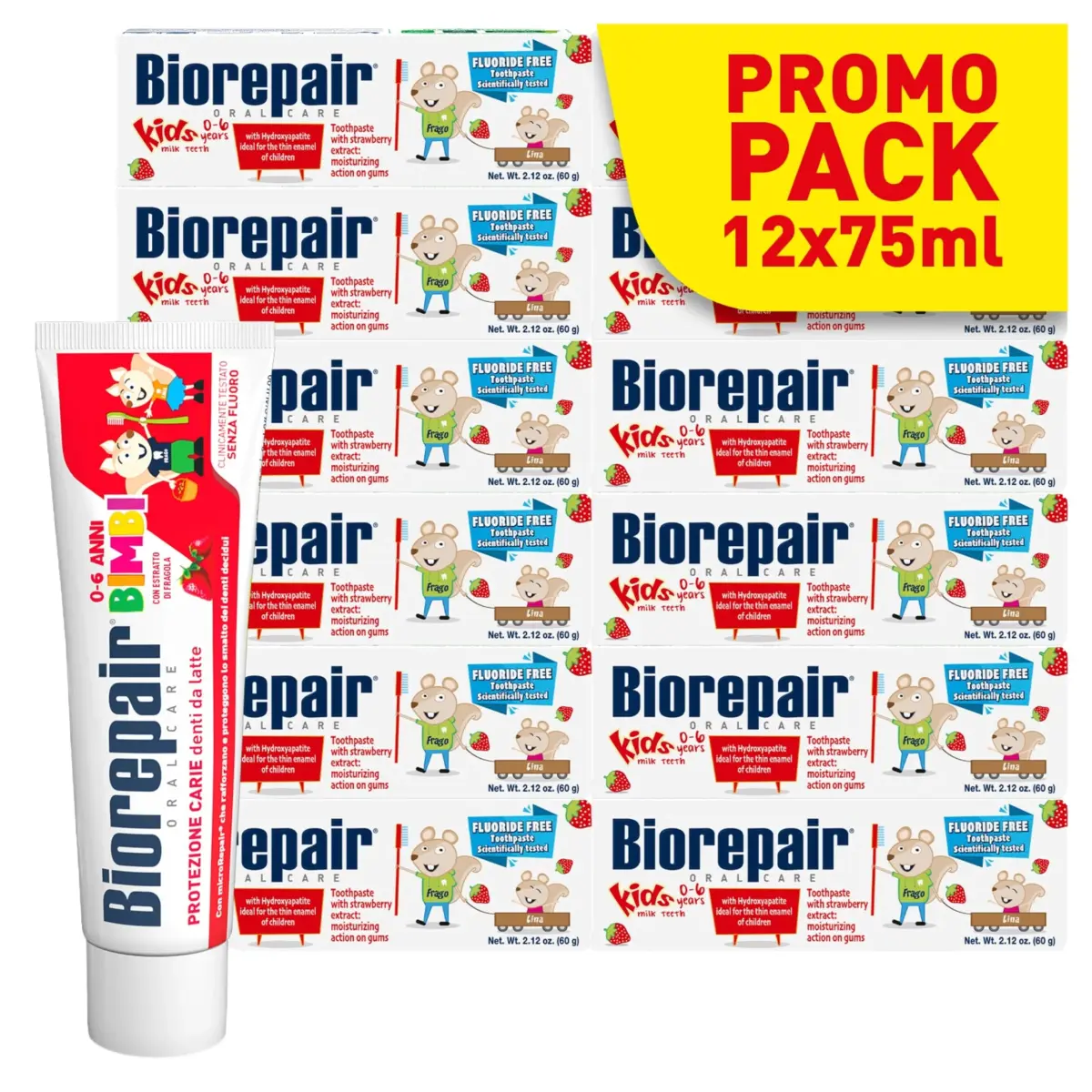 Biorepair Kids Strawberry Fluoride-Free Toothpaste 63ml (2.12 Oz x12) | Gentle Enamel Protection for Ages 0-6 - main product image