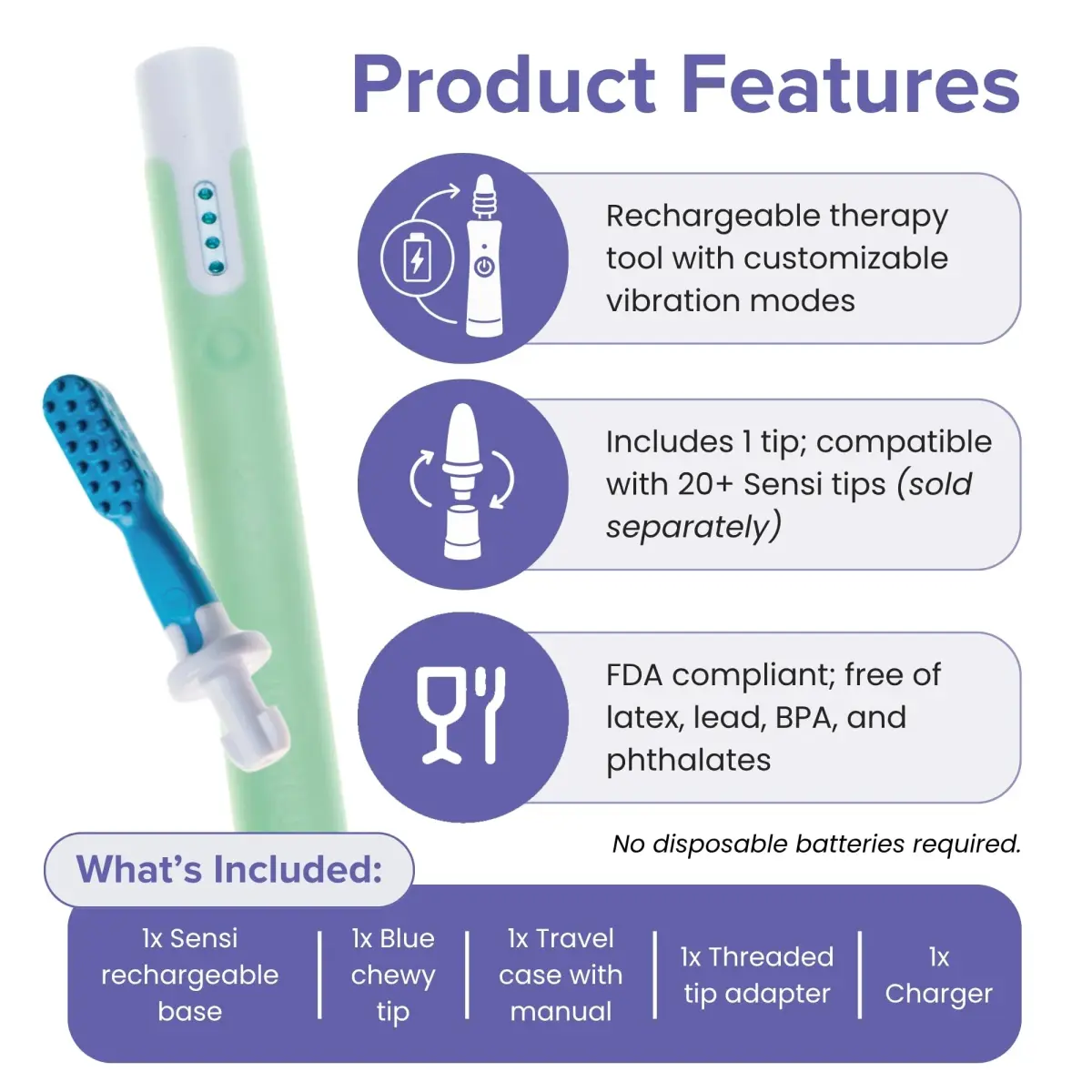 TalkTools Sensi Oral Motor Therapy Essential with Blue Chewy Tip & Pouch, Rechargeable Vibration Tool 156 g (5.5 oz) | For Speech & Feeding Therapy - view 3