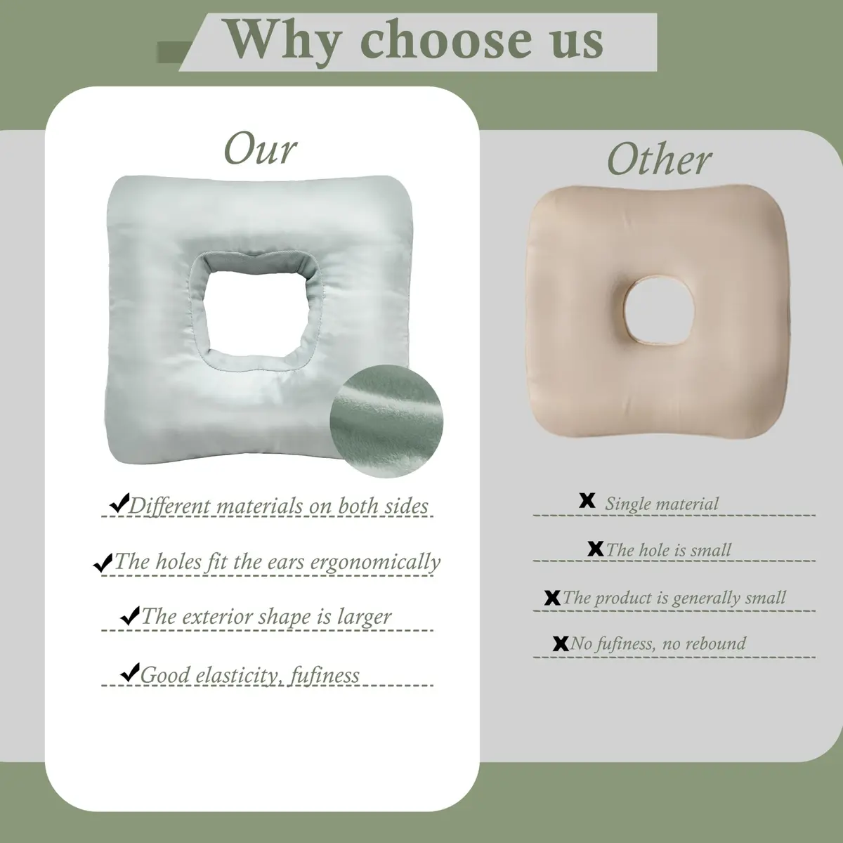Yuibthr Ear Piercing Pillow for Side Sleepers with Ear-Shaped Hole | Reversible Satin & Cotton, Washable, Adjustable (Square) - view 5