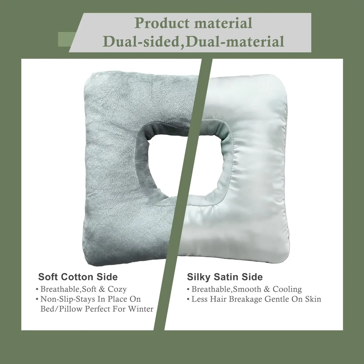 Yuibthr Ear Piercing Pillow for Side Sleepers with Ear-Shaped Hole | Reversible Satin & Cotton, Washable, Adjustable (Square) - view 3