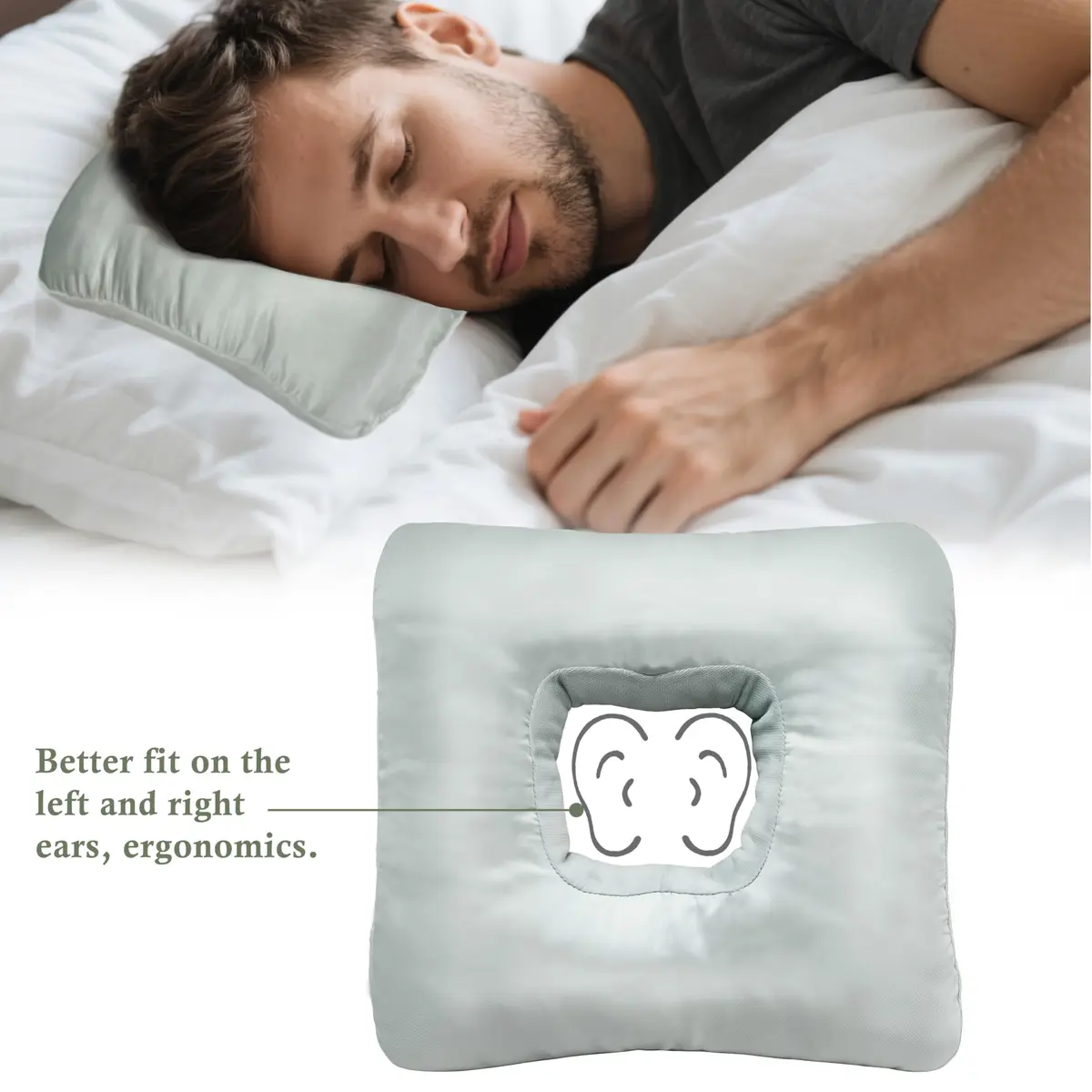 Yuibthr Ear Piercing Pillow for Side Sleepers with Ear-Shaped Hole | Reversible Satin & Cotton, Washable, Adjustable (Square) - view 4