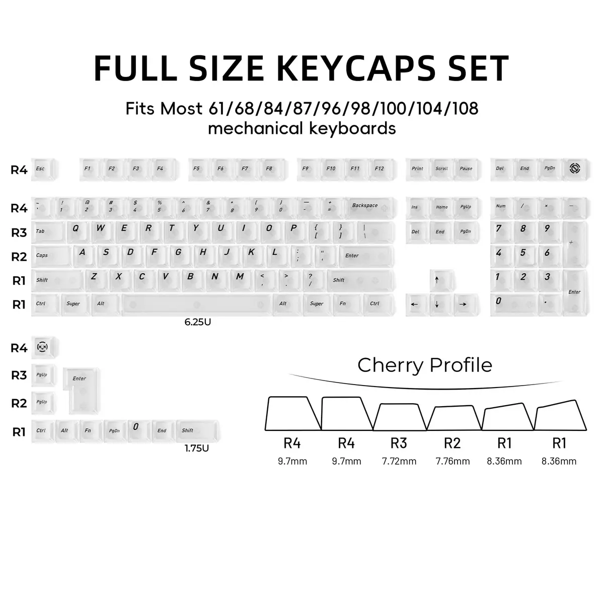 HITIME XVX White Clear Keycaps 119 Keys | Hybrid Transparent Design, Cherry Profile, PC Material, RGB Compatibility - view 6