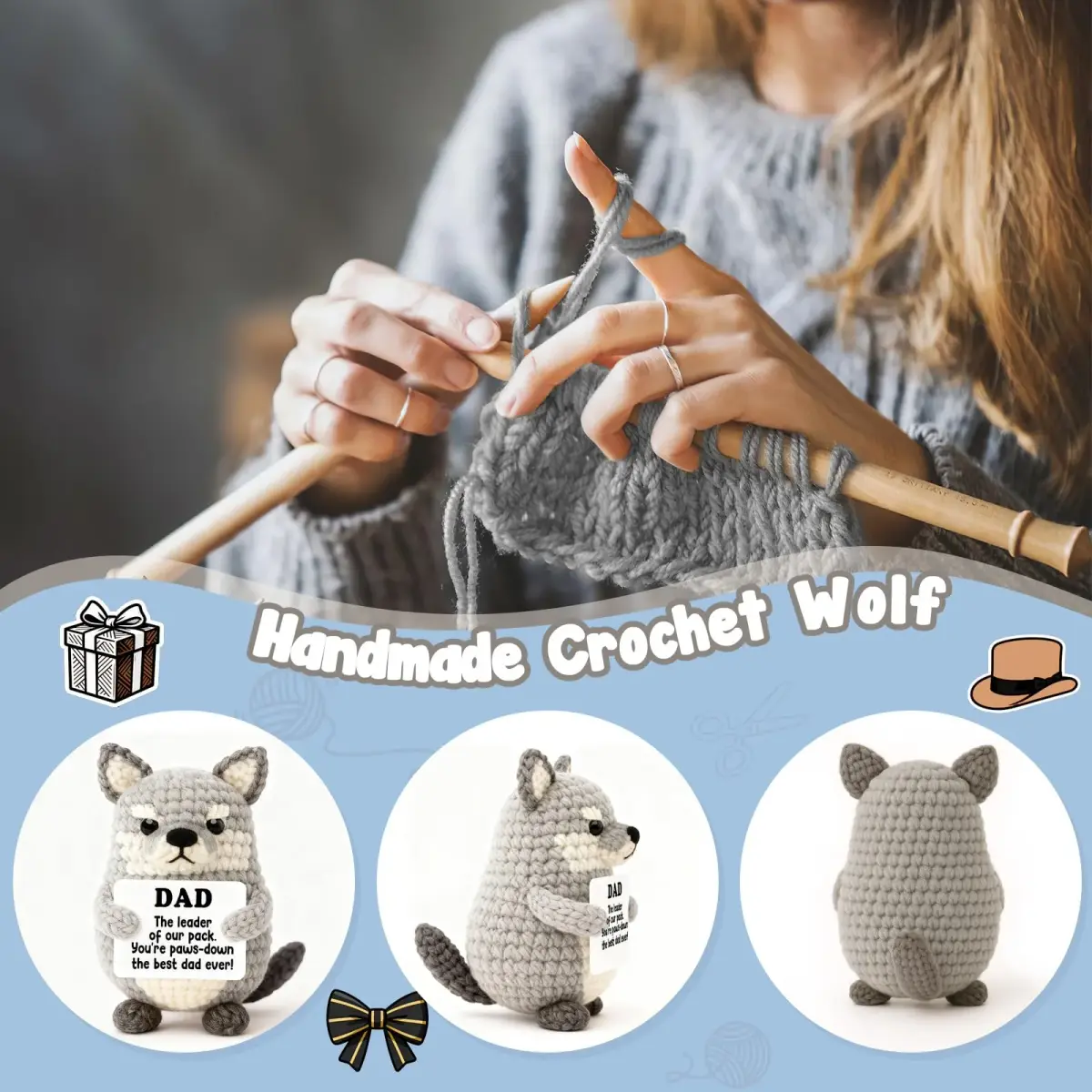 WEYON Handmade Crochet Wolf Plush Gift for Dad | 2-3 inches (5-7.6 cm) - view 3