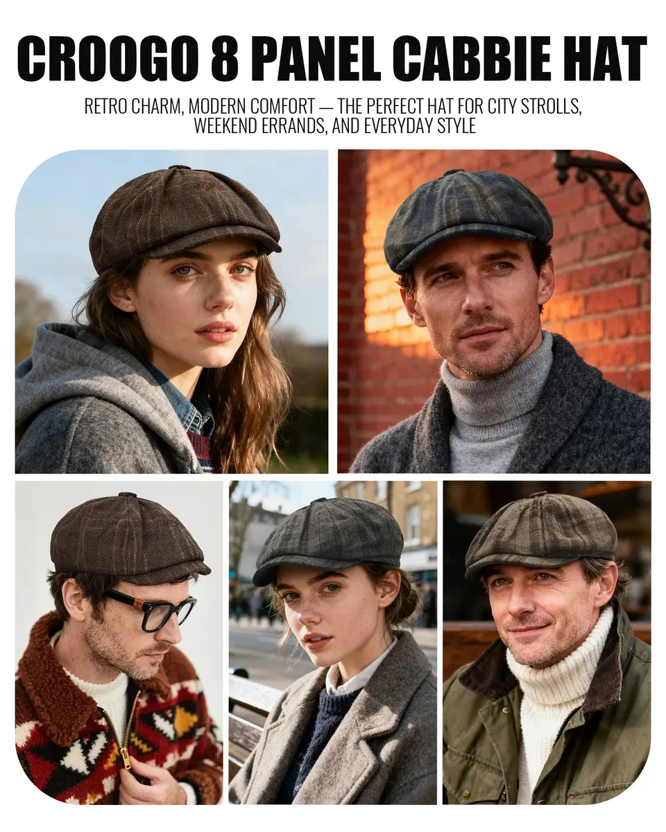 Croogo Plaid Newsboy Cap Classic Vintage Flat Cap Gatsby Ivy Golf Cabbie Hat Winter Beret Caps,GrayGreen-NB25Q12 | Unisex Vintage Style - view 7