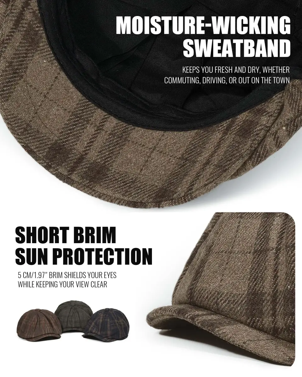 Croogo Plaid Newsboy Cap Classic Vintage Flat Cap Gatsby Ivy Golf Cabbie Hat Winter Beret Caps,GrayGreen-NB25Q12 | Unisex Vintage Style - view 4