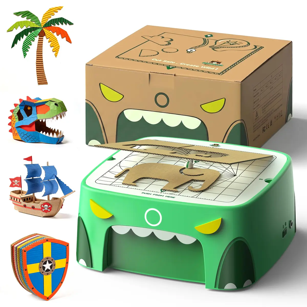 BEAVERBOT C2 Upgraded Cardboard Cutter for Kids, Dual Speed Dinosaur, Green | Safe bladeless design for precise craft cuts - main product image