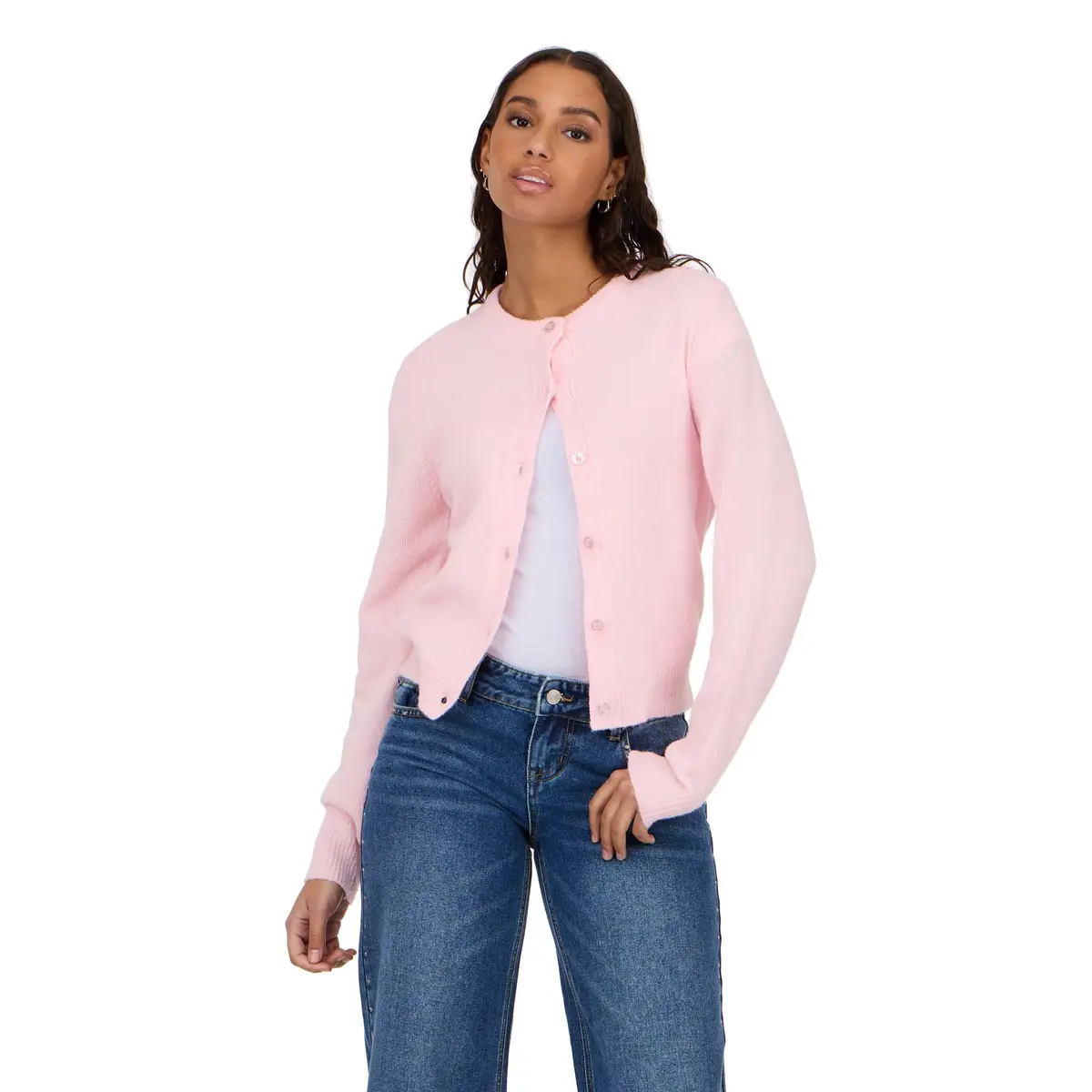 Forever 21 Women’s Cardigan Sweater – Soft Knit Long Sleeve Button Front Layer for Casual Wear, Pink Large - main product image