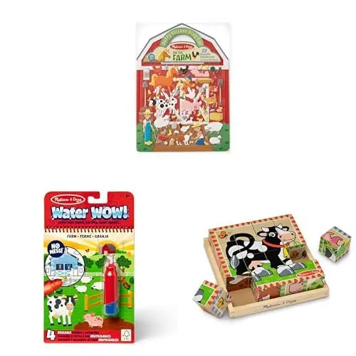 Melissa & Doug Farm Activity Bundle - 52 Puffy Stickers, Water Wow! Reusable Coloring Book, 6-in-1 Wooden Cube Puzzle | Farm Learning Fun - view 2