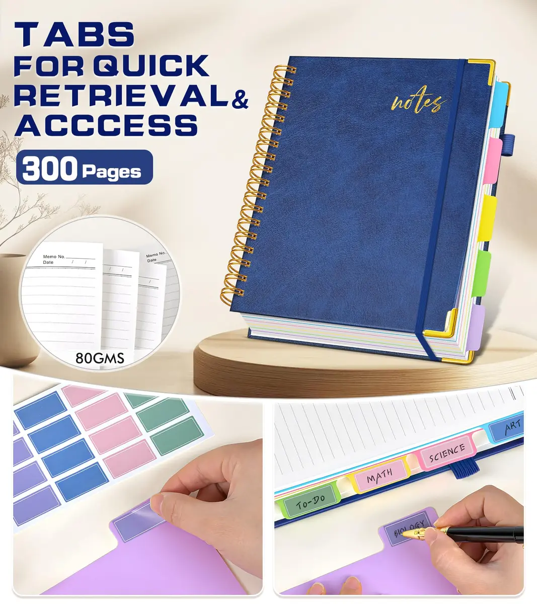 PAPEJOON 5 Subject Spiral Notebook Journal 300 Pages (B5 Size, Navy) | College Ruled Hardcover Leather Notebook - view 5
