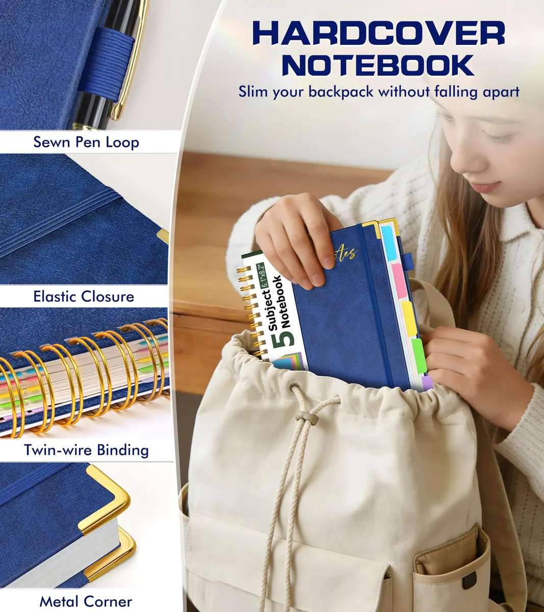 PAPEJOON 5 Subject Spiral Notebook Journal 300 Pages (B5 Size, Navy) | College Ruled Hardcover Leather Notebook - view 2