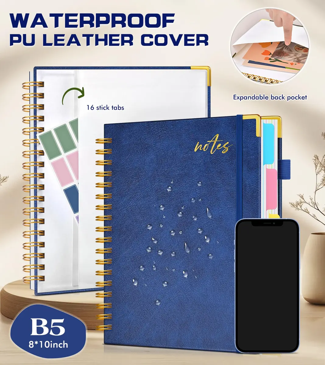 PAPEJOON 5 Subject Spiral Notebook Journal 300 Pages (B5 Size, Navy) | College Ruled Hardcover Leather Notebook - view 3