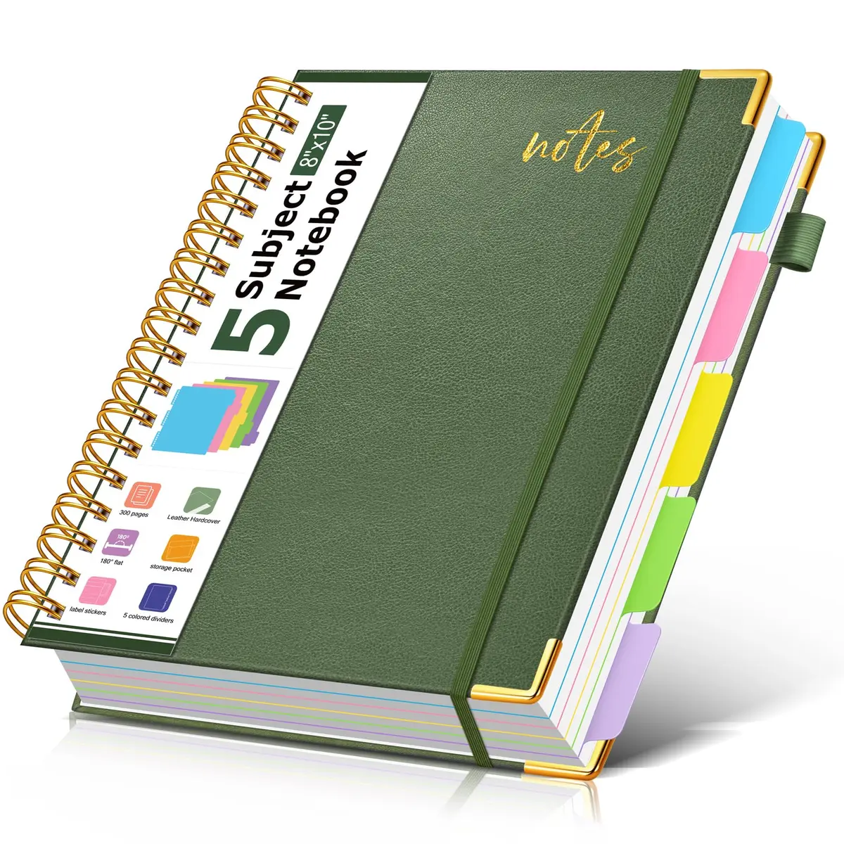 PAPEJOON 5 Subject Spiral Notebook 300 Pages (8"x10" / 22.2cm x 25.7cm) | College Ruled Vegan Leather Organizer - main product image