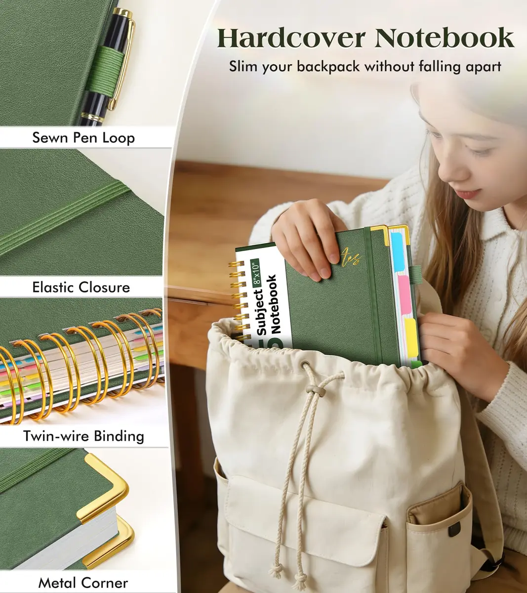 PAPEJOON 5 Subject Spiral Notebook 300 Pages (8"x10" / 22.2cm x 25.7cm) | College Ruled Vegan Leather Organizer - view 2