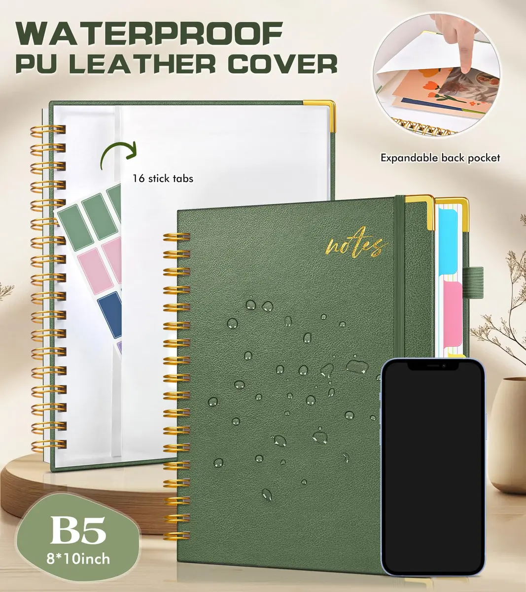 PAPEJOON 5 Subject Spiral Notebook 300 Pages (8"x10" / 22.2cm x 25.7cm) | College Ruled Vegan Leather Organizer - view 3