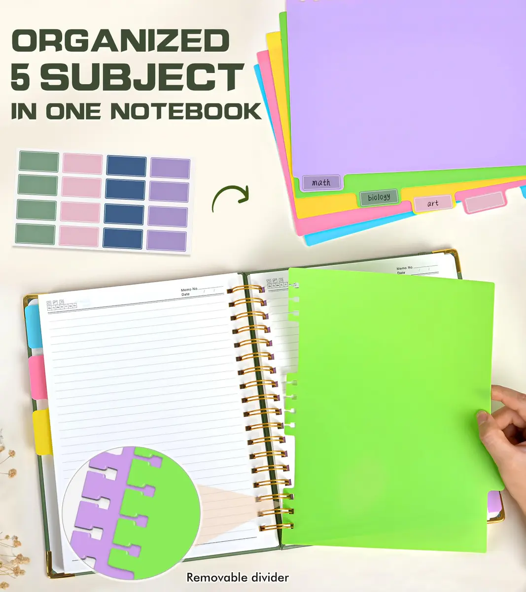 PAPEJOON 5 Subject Spiral Notebook 300 Pages (8"x10" / 22.2cm x 25.7cm) | College Ruled Vegan Leather Organizer - view 4