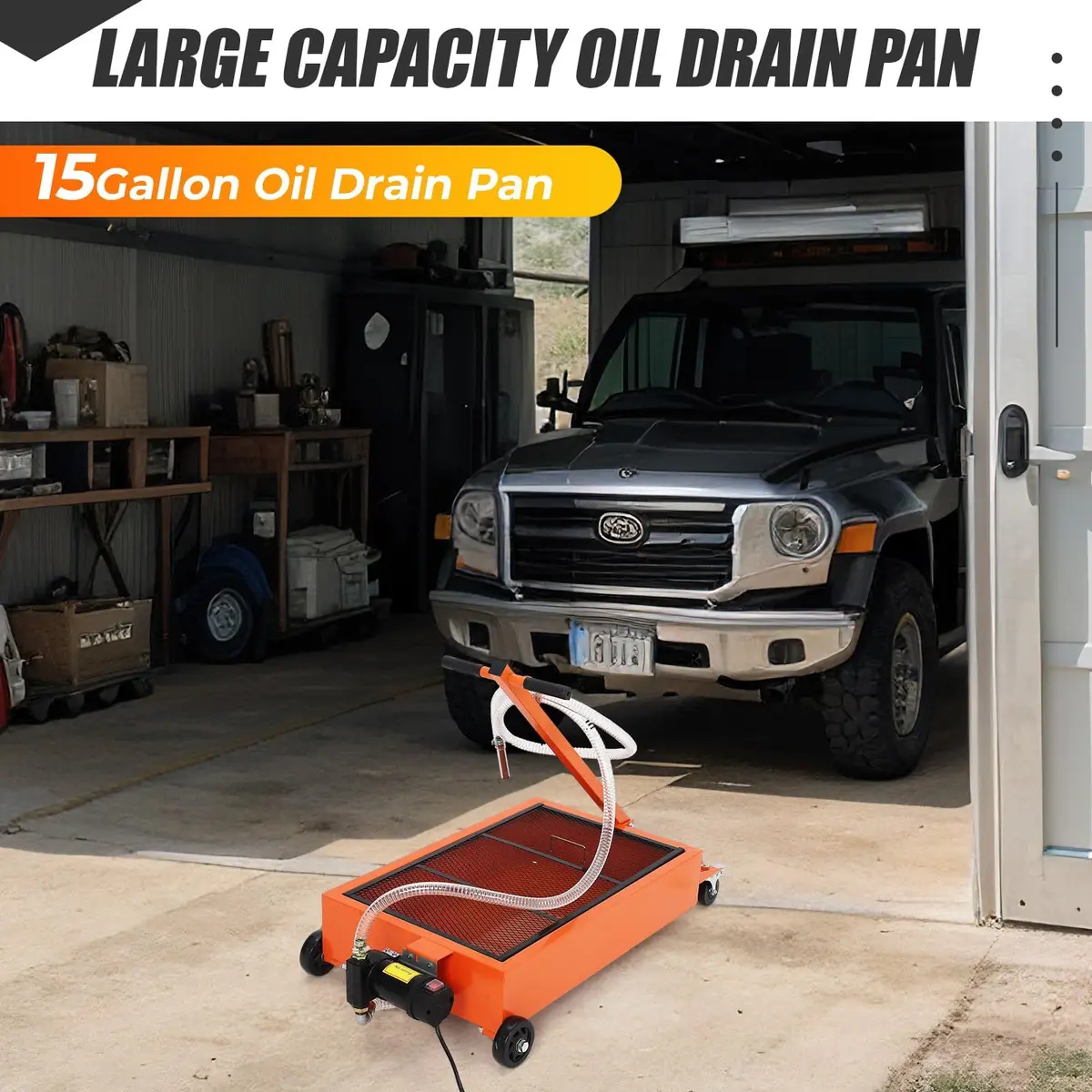 PhoenixCrest 15 Gallon Low Profile Oil Drain Pan with 12v 180w Electric Pump, 65l Heavy-Duty for Cars & Trucks | Fast Oil Change - view 4