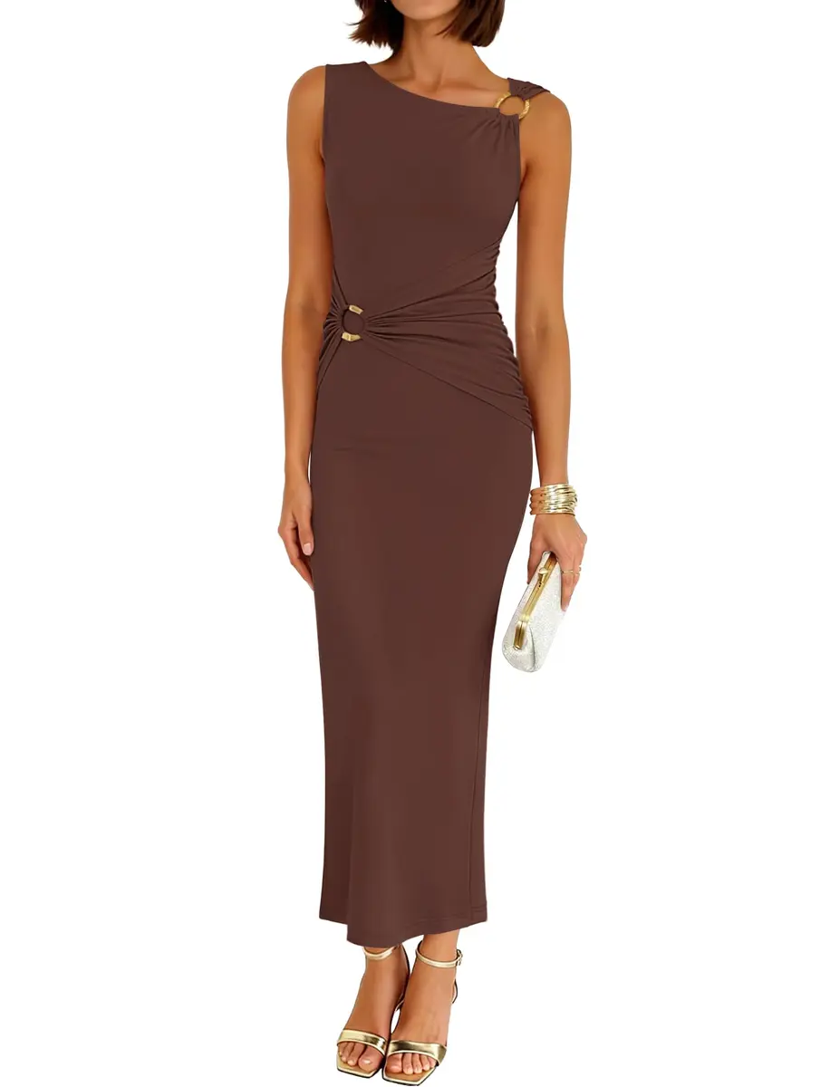 ZESICA Womens Summer Sleeveless Bodycon Maxi Dress Brown S | Ruched, Slim Fit, Summer Vibe - main product image