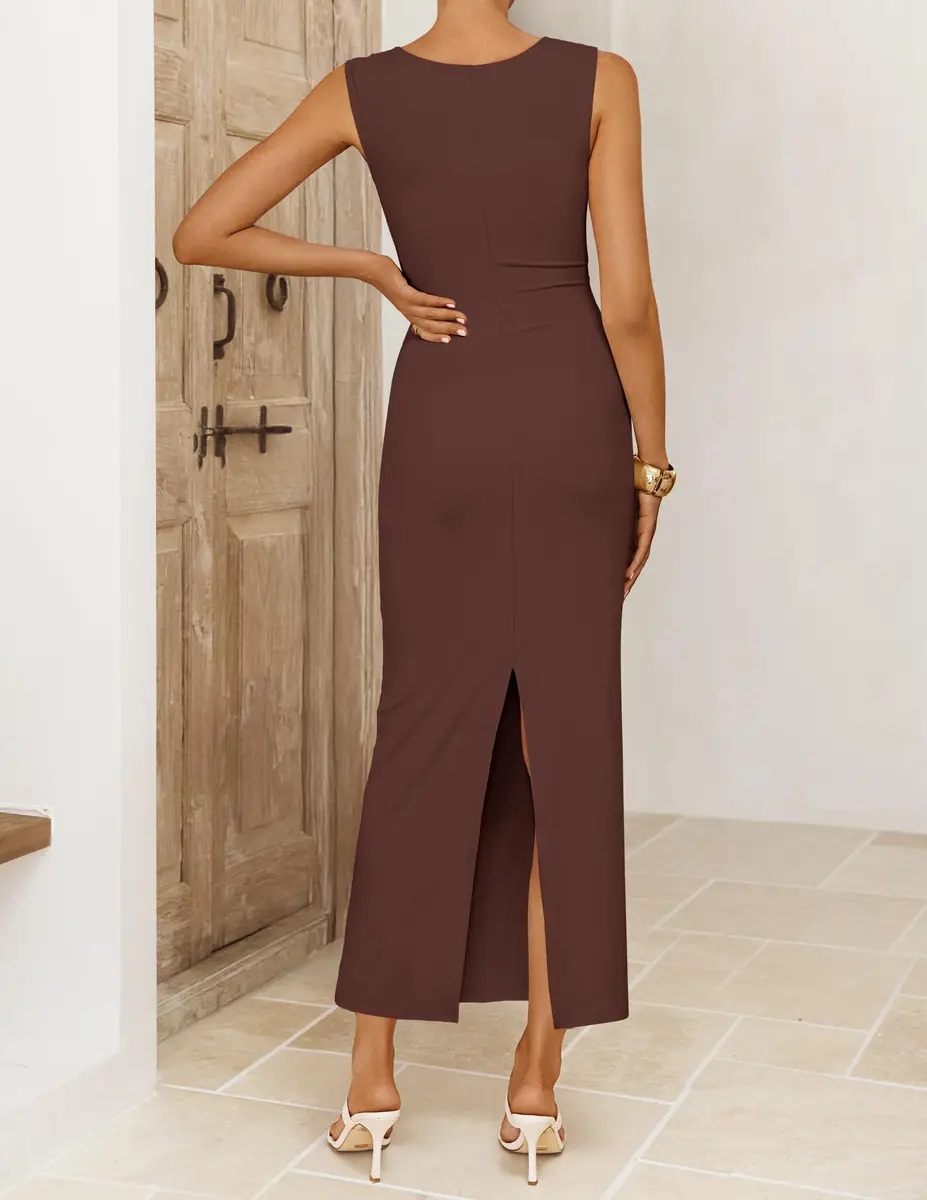 ZESICA Womens Summer Sleeveless Bodycon Maxi Dress Brown S | Ruched, Slim Fit, Summer Vibe - view 6
