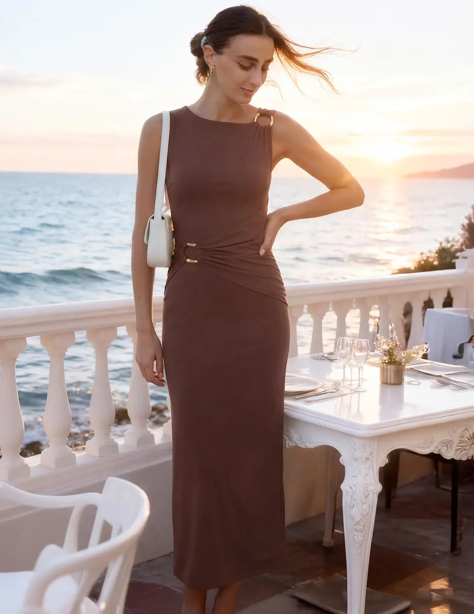 ZESICA Womens Summer Sleeveless Bodycon Maxi Dress Brown S | Ruched, Slim Fit, Summer Vibe - view 3
