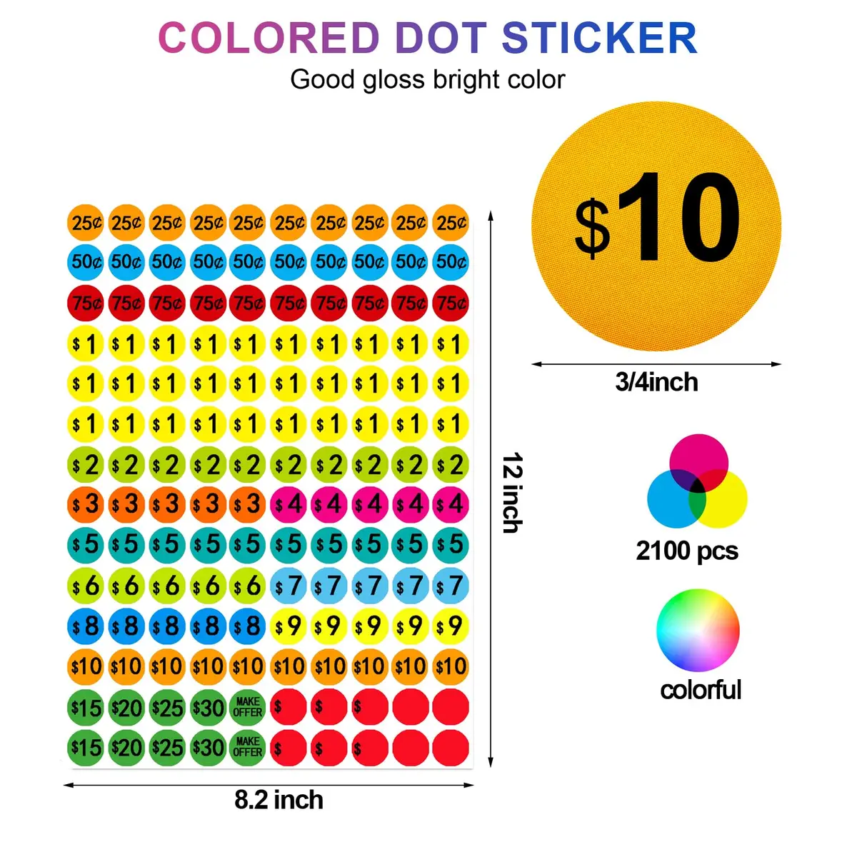 Darfukei Garage Sale Price Stickers 2100 PCS 3/4 Inch | Assorted Colors Round Price Tags - view 2