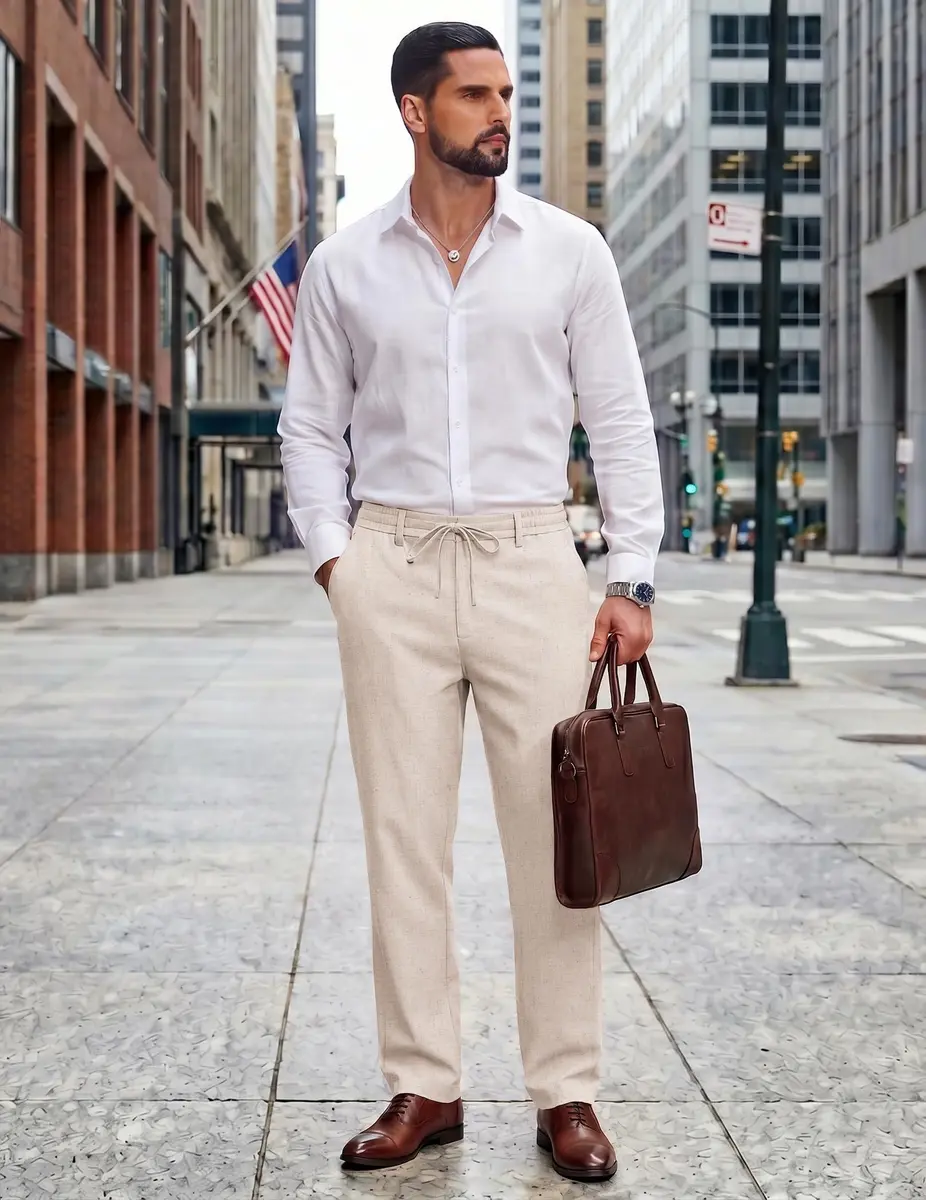 COOFANDY Men's Linen Pants Elastic Waist Drawstring Trousers 86 cm (34 in) Waist x 81 cm (32 in) Inseam | Lightweight Breathable Cotton Blend - view 4
